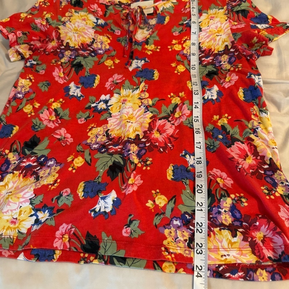Maeve by Anthropologie Size S Clemente Red Floral Short Sleeve Tie-Neck Blouse - Picture 10 of 13